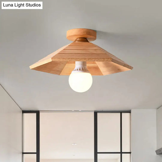 Rustic Wooden Flush Mount Ceiling Light: Ridged Saucer Design Beige Shade For Kitchen Wood