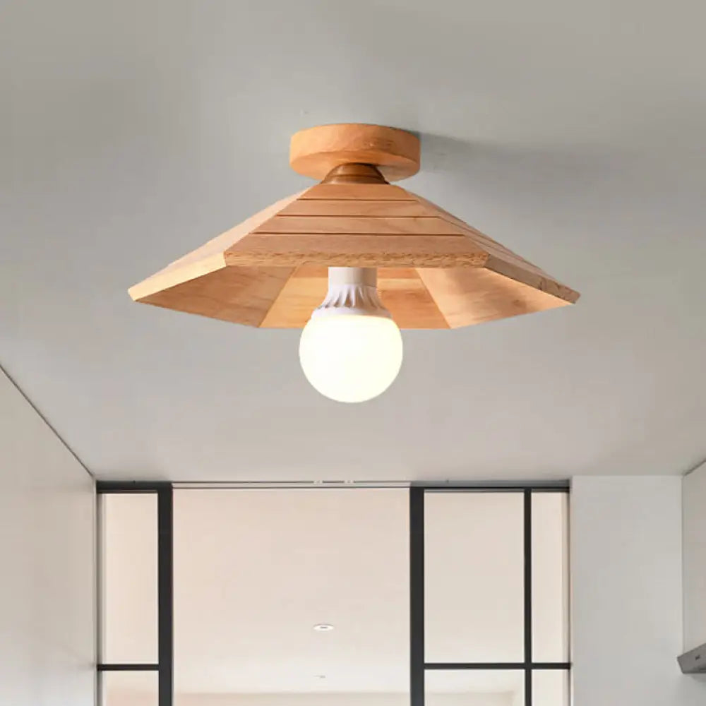 Rustic Wooden Flush Mount Ceiling Light: Ridged Saucer Design Beige Shade For Kitchen Wood