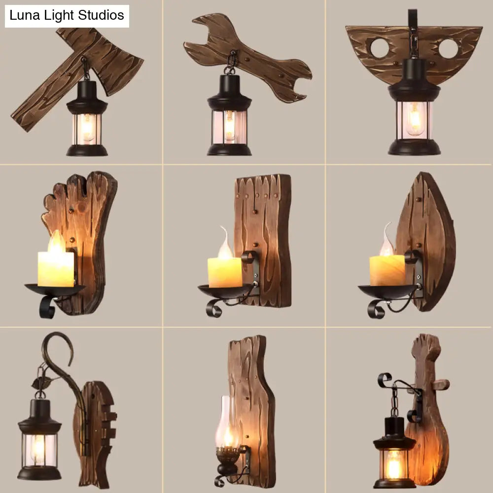 Rustic Wooden Geometric Wall Sconce - Brown 1-Light Mounted Light For Restaurants