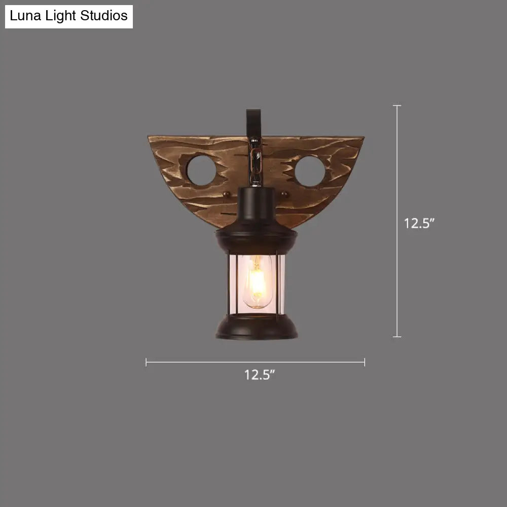 Rustic Wooden Geometric Wall Sconce - Brown 1-Light Mounted Light For Restaurants