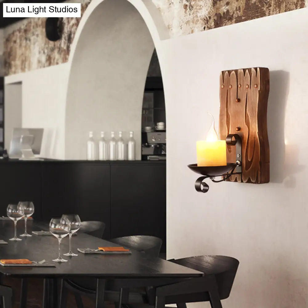 Rustic Wooden Geometric Wall Sconce - Brown 1-Light Mounted Light For Restaurants