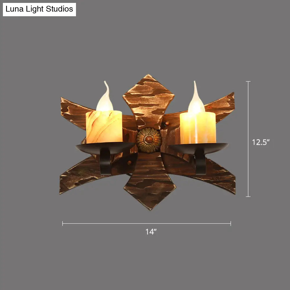 Rustic Wooden Geometric Wall Sconce - Brown 1-Light Mounted Light For Restaurants