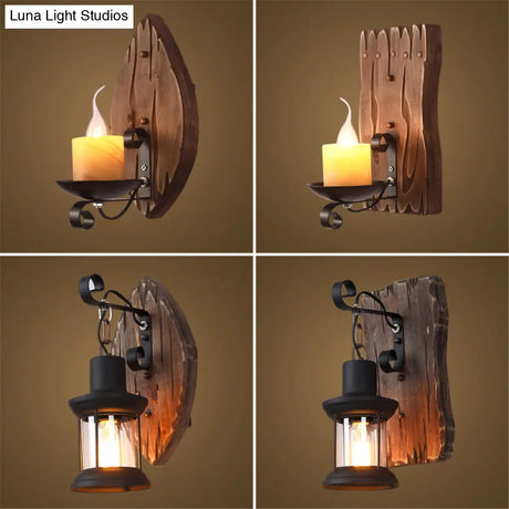 Rustic Wooden Geometric Wall Sconce - Brown 1-Light Mounted Light For Restaurants