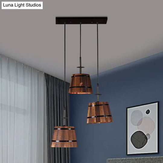 Rustic Wooden 3-Bulb Pendant Light In Brown - Villa Hanging Lamp Black / Linear