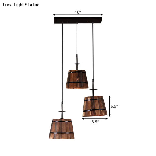 Rustic Wooden 3-Bulb Pendant Light In Brown - Villa Hanging Lamp