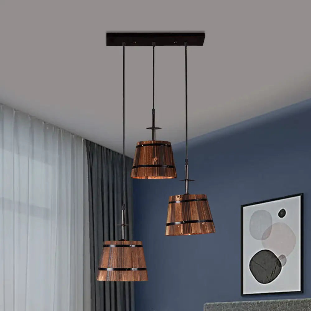 Rustic Wooden Hanging Lamp With 3 Bulbs For Villa Decor Black / Linear