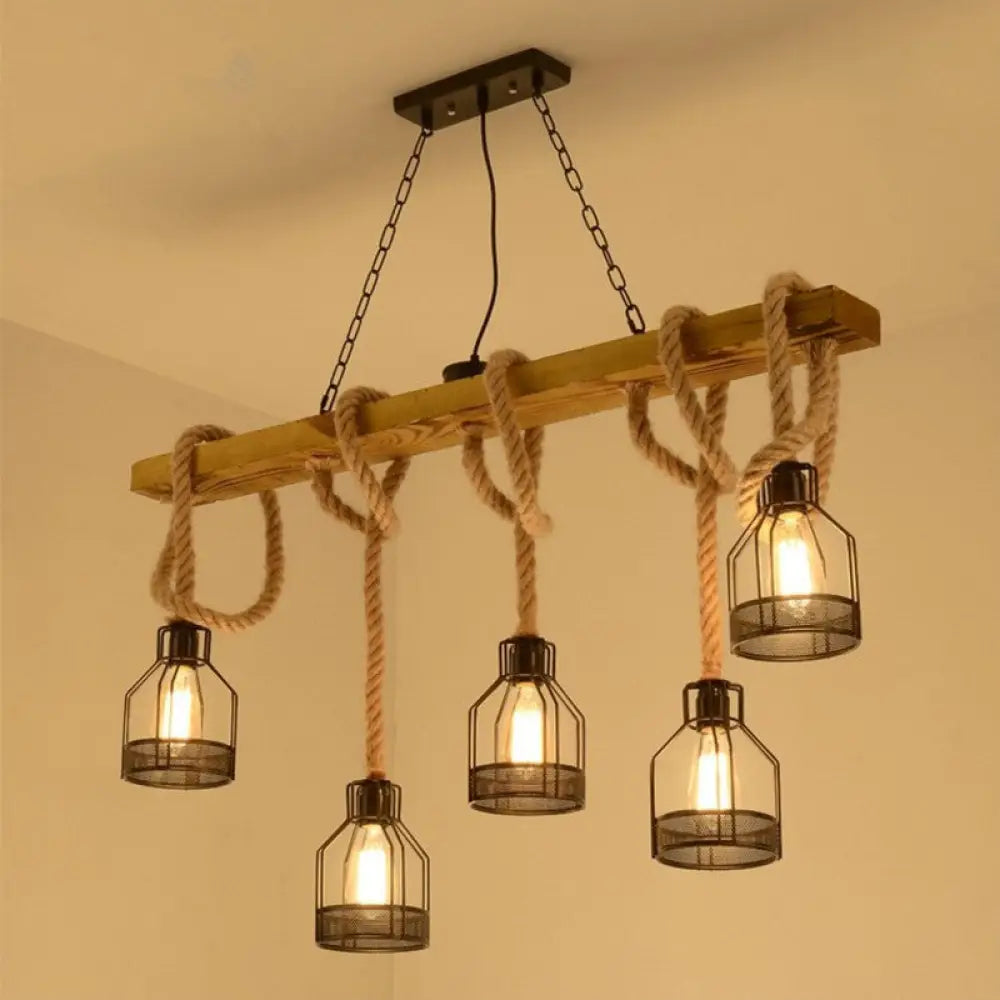 Rustic Wooden Linear Island Lamp With Mesh Cage - Suspension Pendant Light For Restaurants 5 / Wood