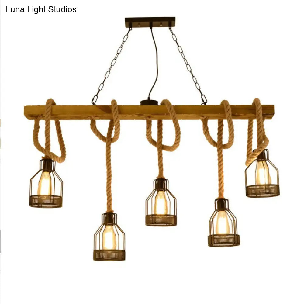 Rustic Wooden Linear Island Lamp With Mesh Cage - Suspension Pendant Light For Restaurants