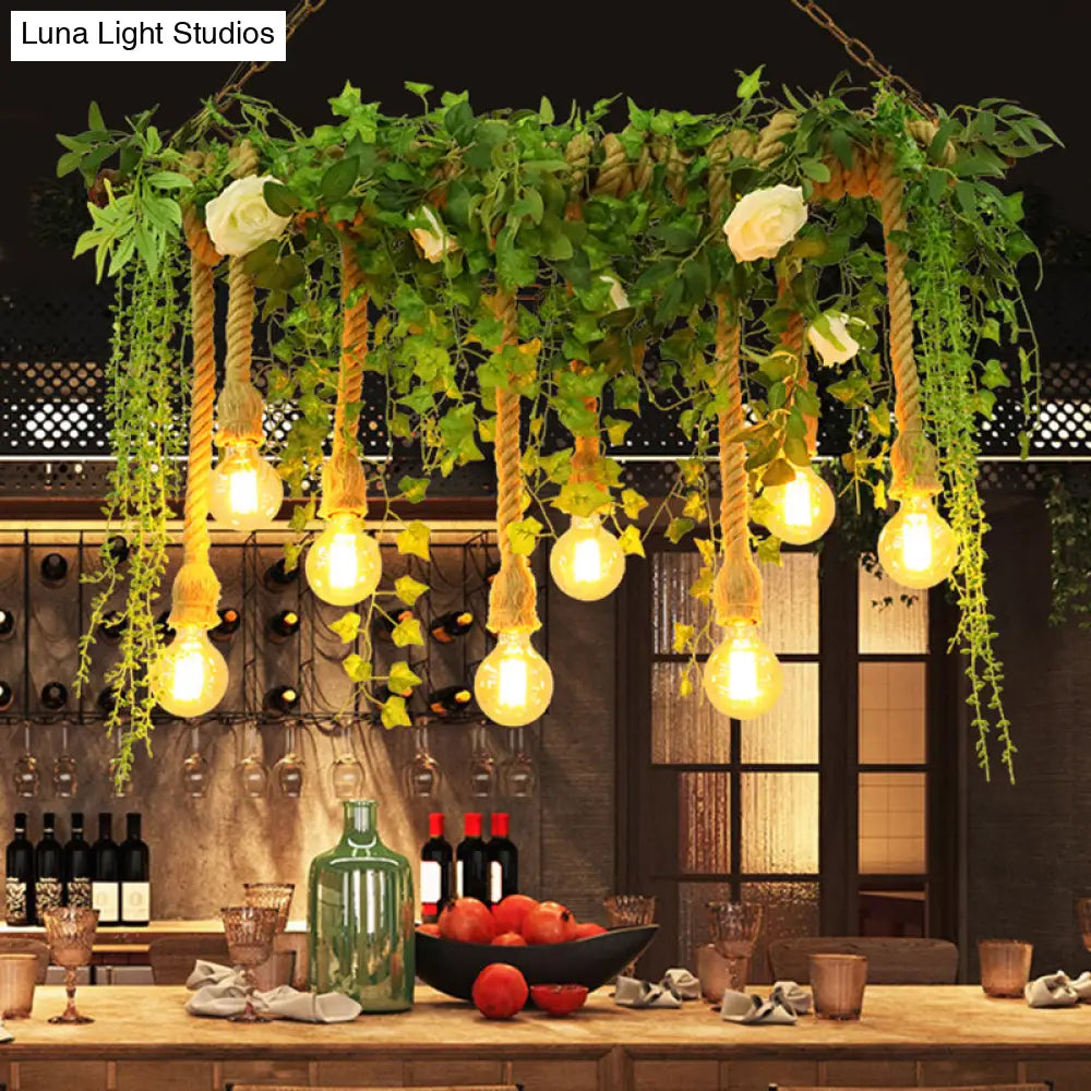 Rustic Wooden Linear Suspension Lamp: Green Island Light Fixture With Decorative Vines And Rose