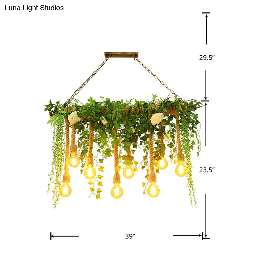 Rustic Wooden Linear Suspension Lamp: Green Island Light Fixture With Decorative Vines And Rose