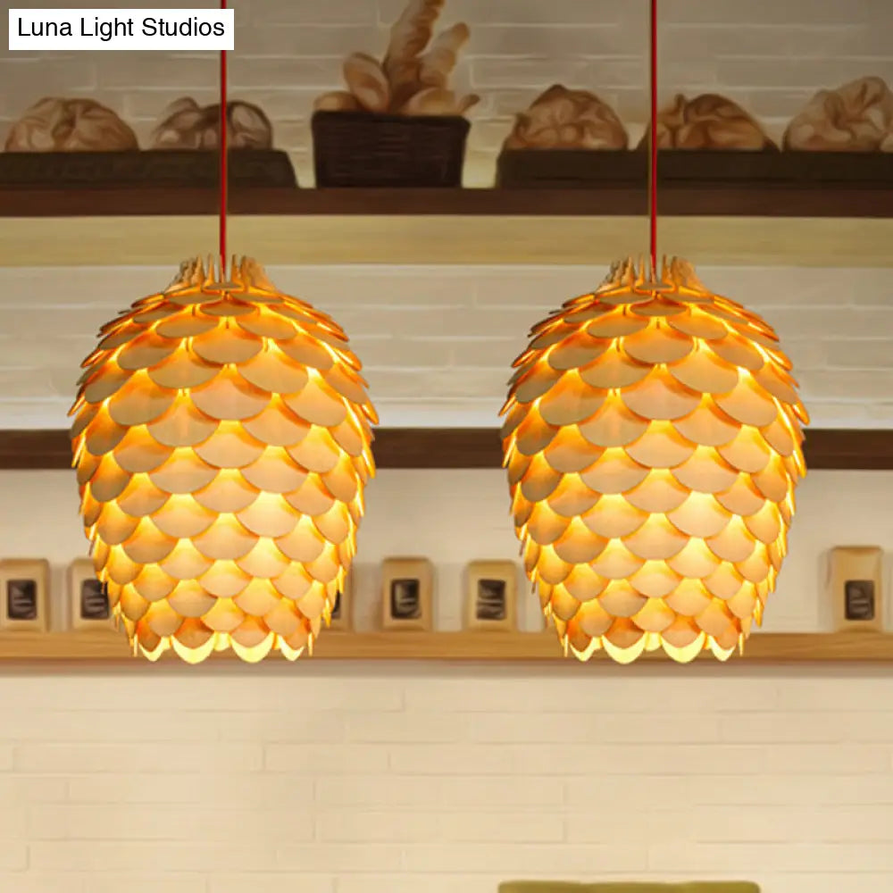 Rustic Wooden Pine Cone Suspension Light Fixture - Countryside Charm 12’/15’ Diameter 1-Light