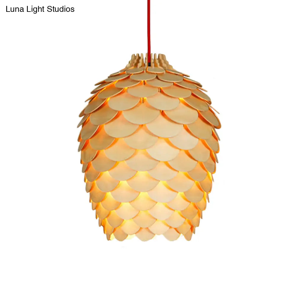 Rustic Pine Cone Hanging Light - Wooden Countryside Design 12/15 Width Beige Ideal For Dining Room