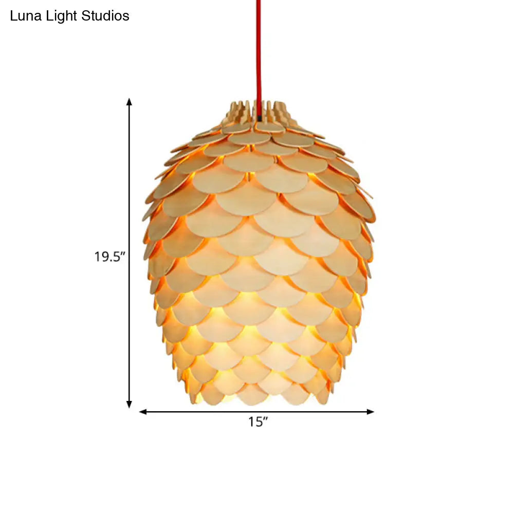 Rustic Pine Cone Hanging Light - Wooden Countryside Design 12/15 Width Beige Ideal For Dining Room