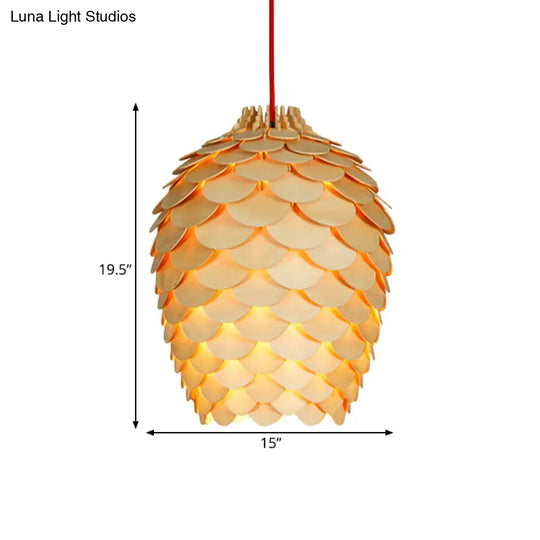 Rustic Pine Cone Hanging Light - Wooden Countryside Design 12/15 Width Beige Ideal For Dining Room