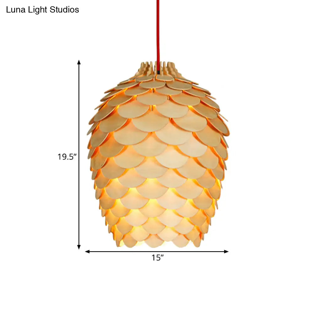 Rustic Wooden Pine Cone Suspension Light Fixture - Countryside Charm 12’/15’ Diameter 1-Light