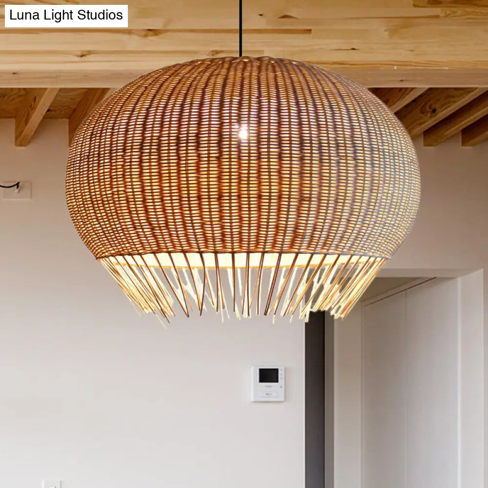 Rustic Woven Rattan Hanging Pendant Lamp For Restaurants - Wood Finish