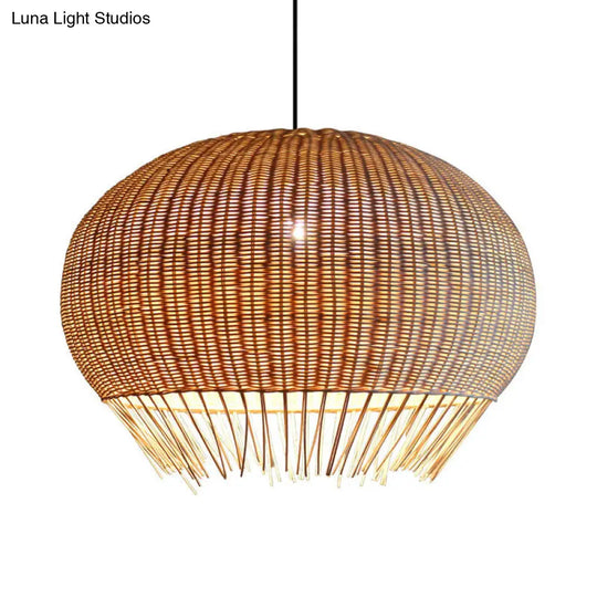 Rustic Woven Rattan Hanging Pendant Lamp For Restaurants - Wood Finish