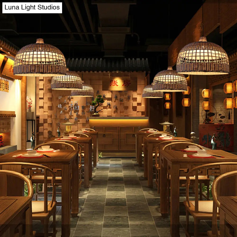 Rustic Woven Rattan Pendant Lamp - Brown Domed Ceiling Drop Light For Cafe Restaurant