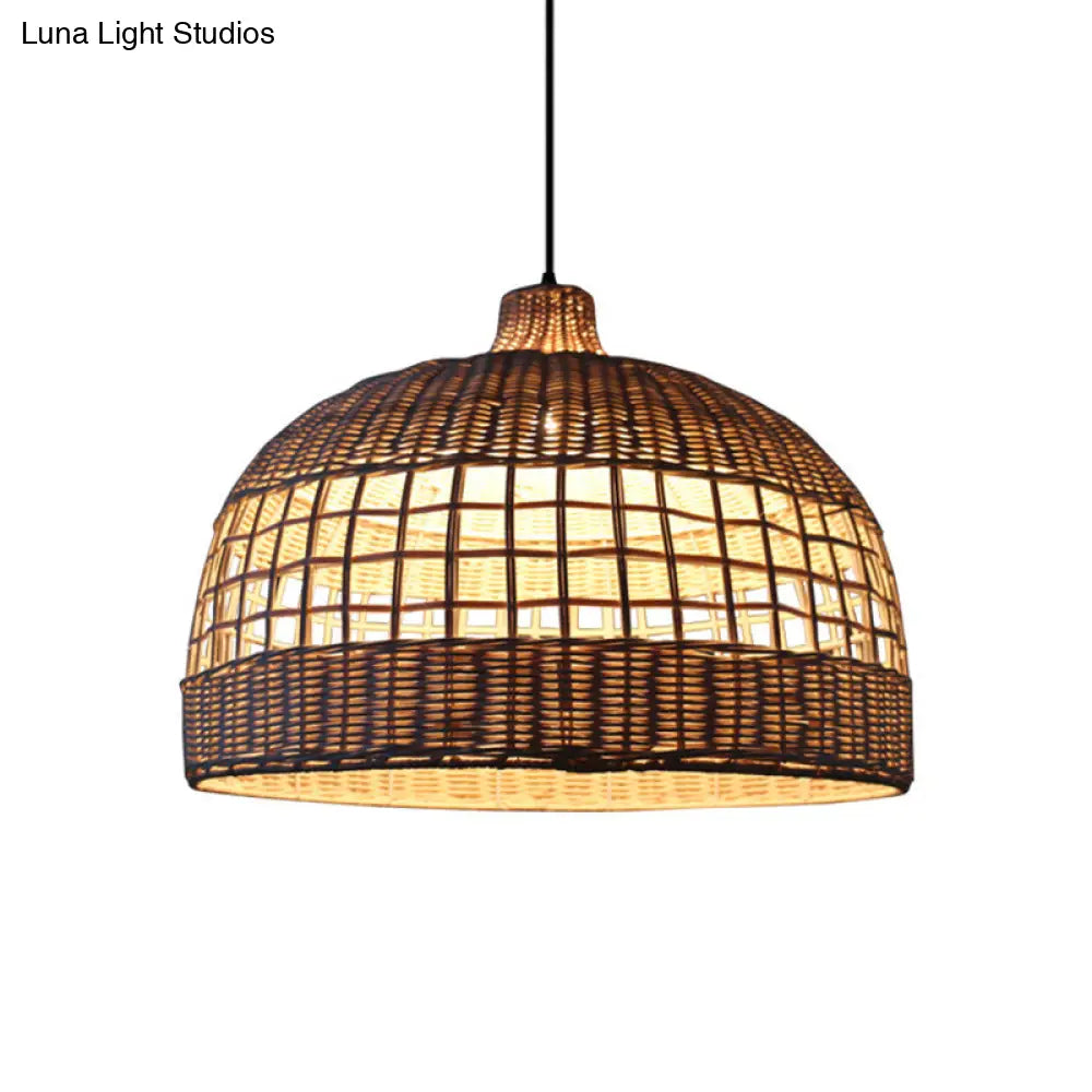 Rustic Woven Rattan Pendant Lamp - Brown Domed Ceiling Drop Light For Cafe Restaurant