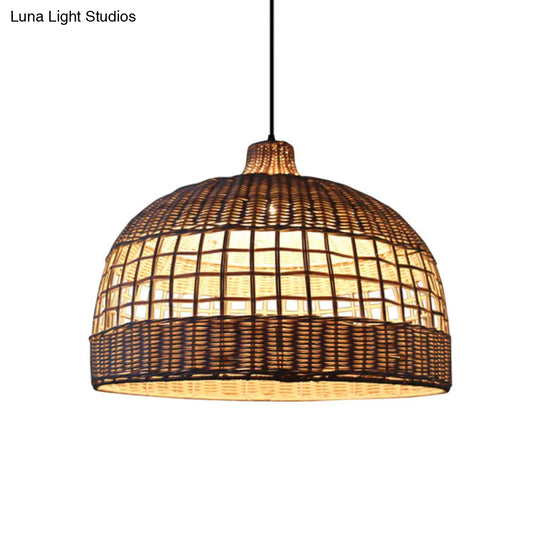 Rustic Woven Rattan Pendant Lamp - Brown Domed Ceiling Drop Light For Cafe Restaurant