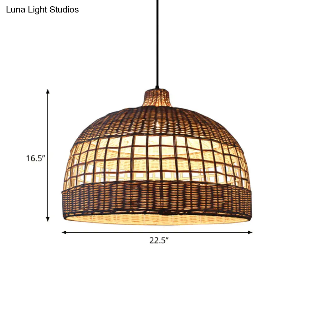 Rustic Woven Rattan Pendant Lamp - Brown Domed Ceiling Drop Light For Cafe Restaurant