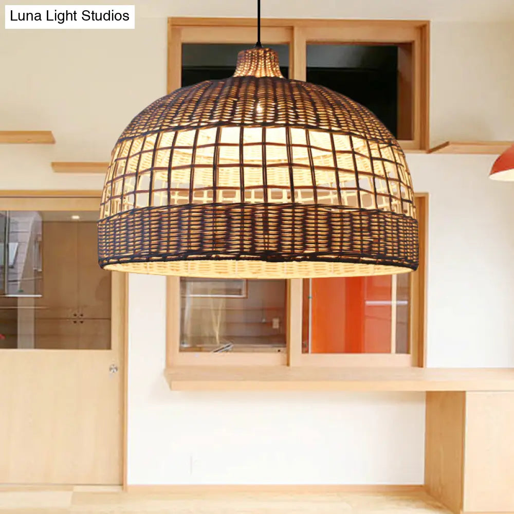 Rustic Woven Rattan Pendant Lamp - Brown Domed Ceiling Drop Light For Cafe Restaurant