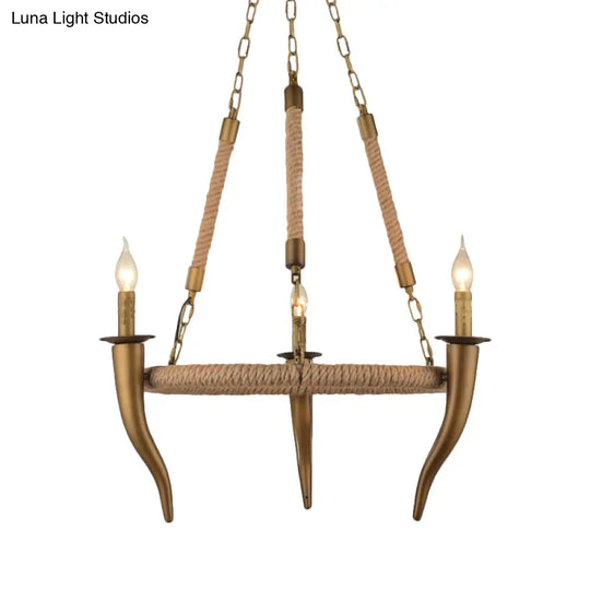 Rustic Wagon Wheel Ceiling Pendant - Khaki Metallic Chandelier Light With Ox Horn 3/6-Light Options