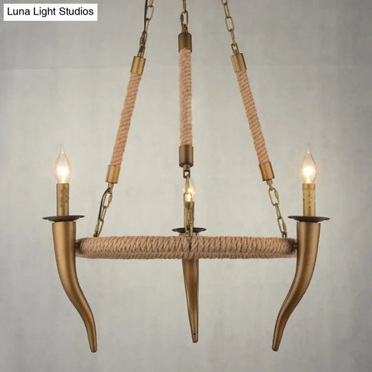 Rustic Wagon Wheel Ceiling Pendant - Khaki Metallic Chandelier Light With Ox Horn 3/6-Light Options