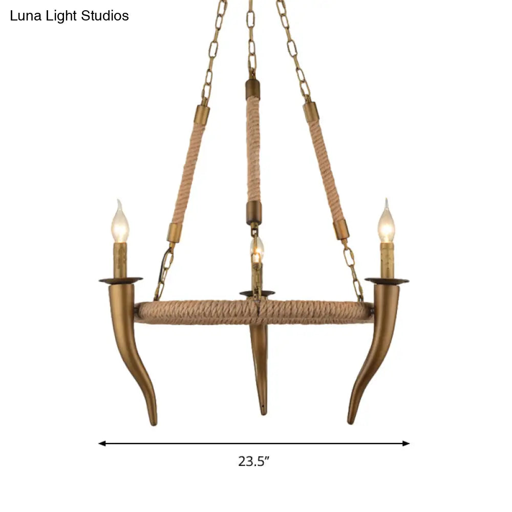 Rustic Wagon Wheel Ceiling Pendant - Khaki Metallic Chandelier Light With Ox Horn 3/6-Light Options