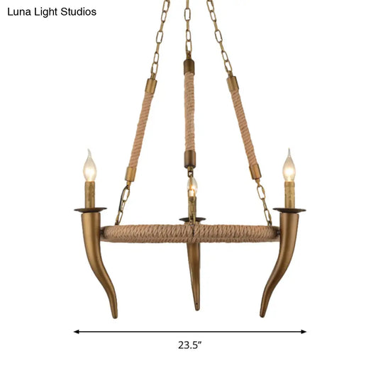 Rustic Wagon Wheel Ceiling Pendant - Khaki Metallic Chandelier Light With Ox Horn 3/6-Light Options