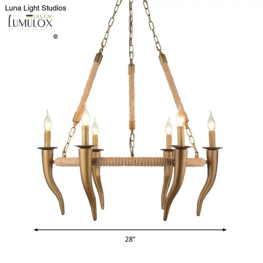 Rustic Wrapped Wagon Wheel Ceiling Pendant 3/6-Light Khaki Metallic Chandelier Light With Ox Horn