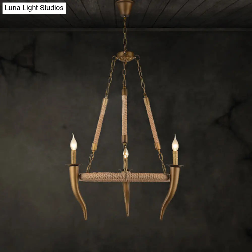 Rustic Wagon Wheel Ceiling Pendant - Khaki Metallic Chandelier Light With Ox Horn 3/6-Light Options