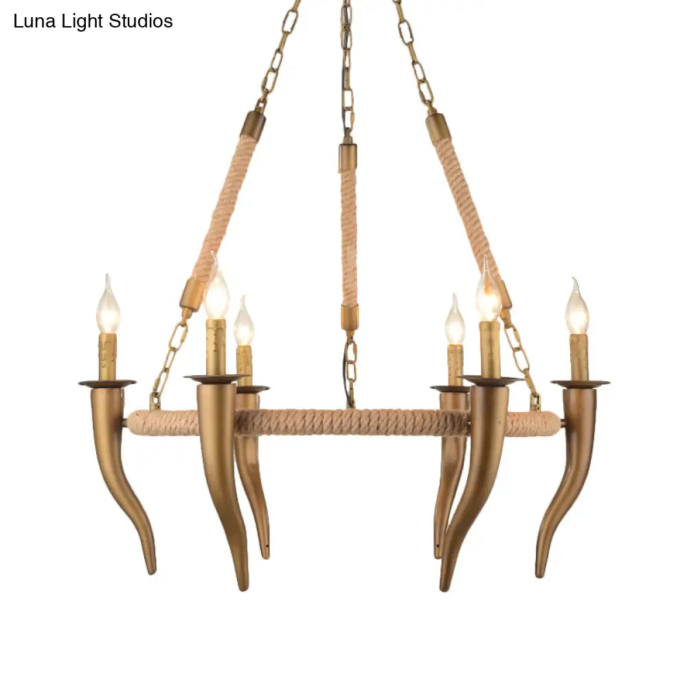 Rustic Wagon Wheel Ceiling Pendant - Khaki Metallic Chandelier Light With Ox Horn 3/6-Light Options