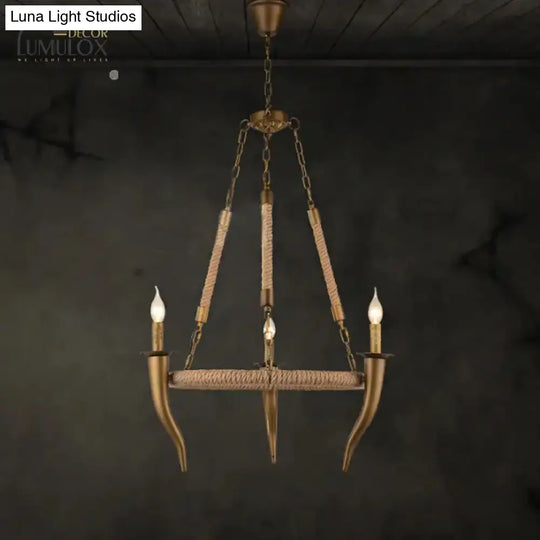 Rustic Wrapped Wagon Wheel Ceiling Pendant 3/6-Light Khaki Metallic Chandelier Light With Ox Horn