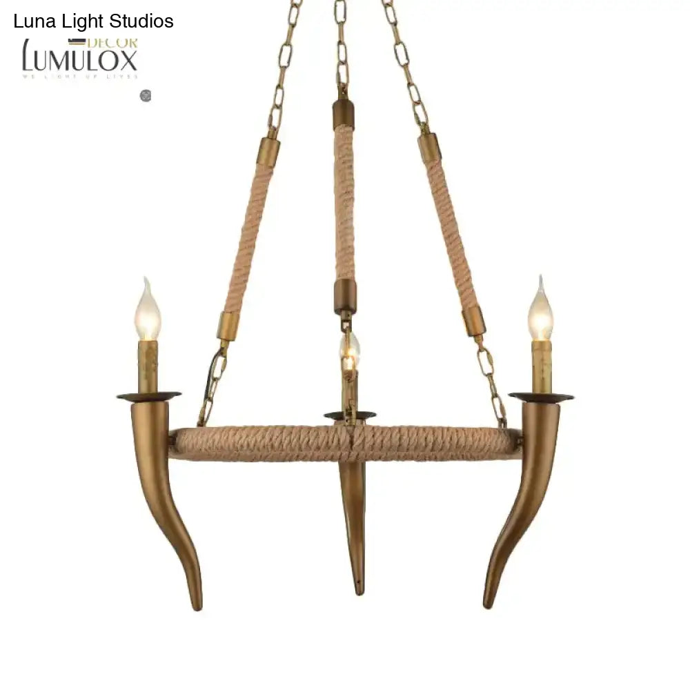 Rustic Wrapped Wagon Wheel Ceiling Pendant 3/6-Light Khaki Metallic Chandelier Light With Ox Horn