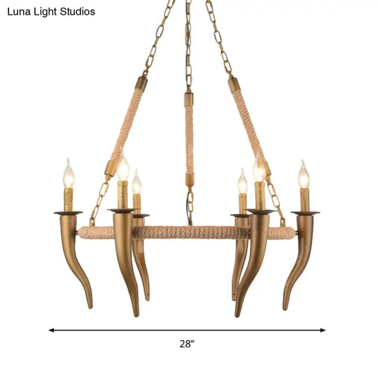 Rustic Wagon Wheel Ceiling Pendant - Khaki Metallic Chandelier Light With Ox Horn 3/6-Light Options