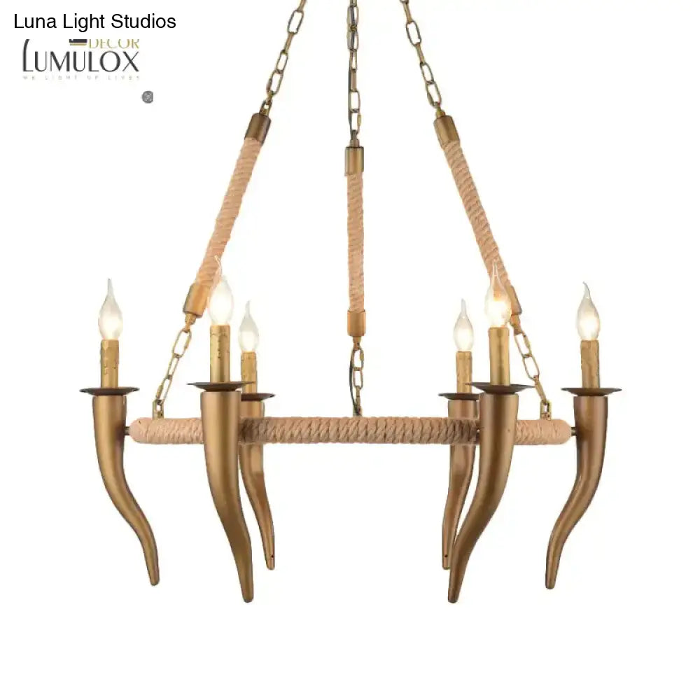 Rustic Wrapped Wagon Wheel Ceiling Pendant 3/6-Light Khaki Metallic Chandelier Light With Ox Horn