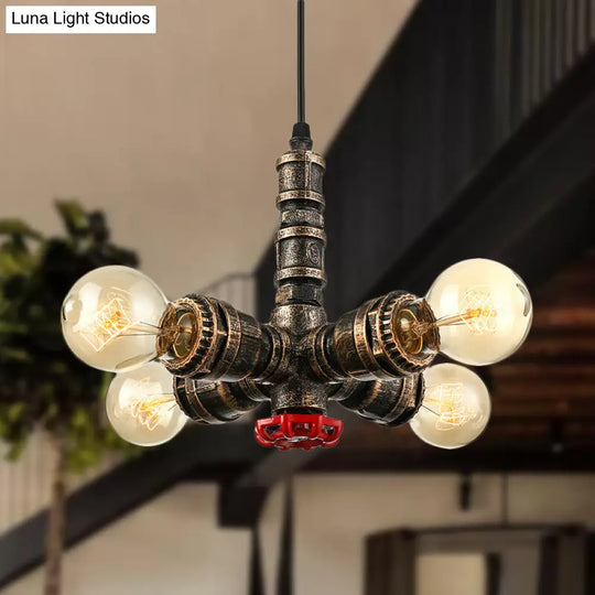 Rustic Wrought Iron Antique Brass Chandelier Pendant Light For Water Pipe Restaurants - 4-Light