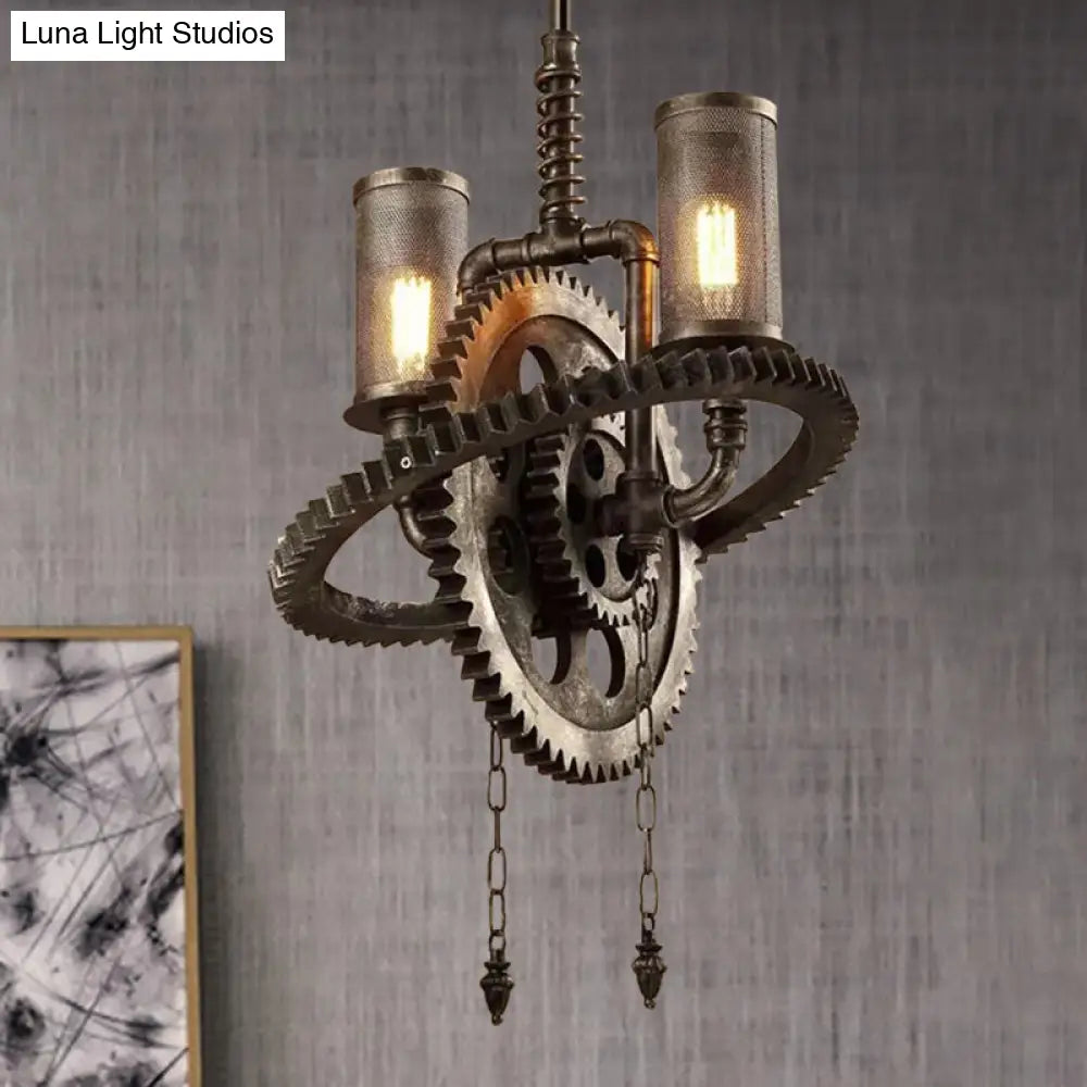 Rustic Wrought Iron Bronze Chandelier 2-Light Hanging Lamp With Gear-Shaped Design & Mesh Cylinder