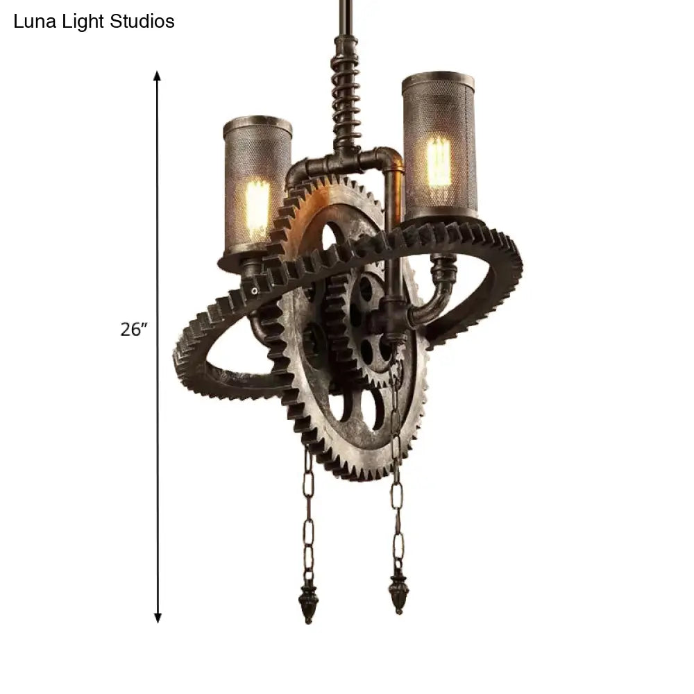 Rustic Wrought Iron Bronze Chandelier With Gear-Inspired Design - 2 Lights And Cylinder Mesh Shade