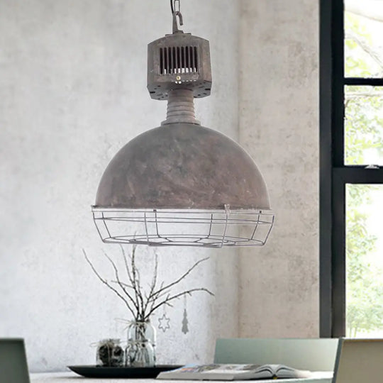 Rustic Wrought Iron Dome Pendant Light With Wire Guard - Restaurant Hanging Lamp In Grey