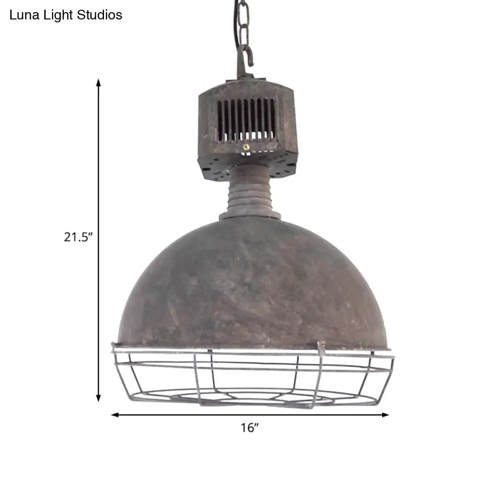 Rustic Wrought Iron Dome Pendant Light With Wire Guard - Restaurant Hanging Lamp In Grey
