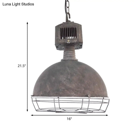 Rustic Wrought Iron Dome Pendant Light With Wire Guard - Restaurant Hanging Lamp In Grey