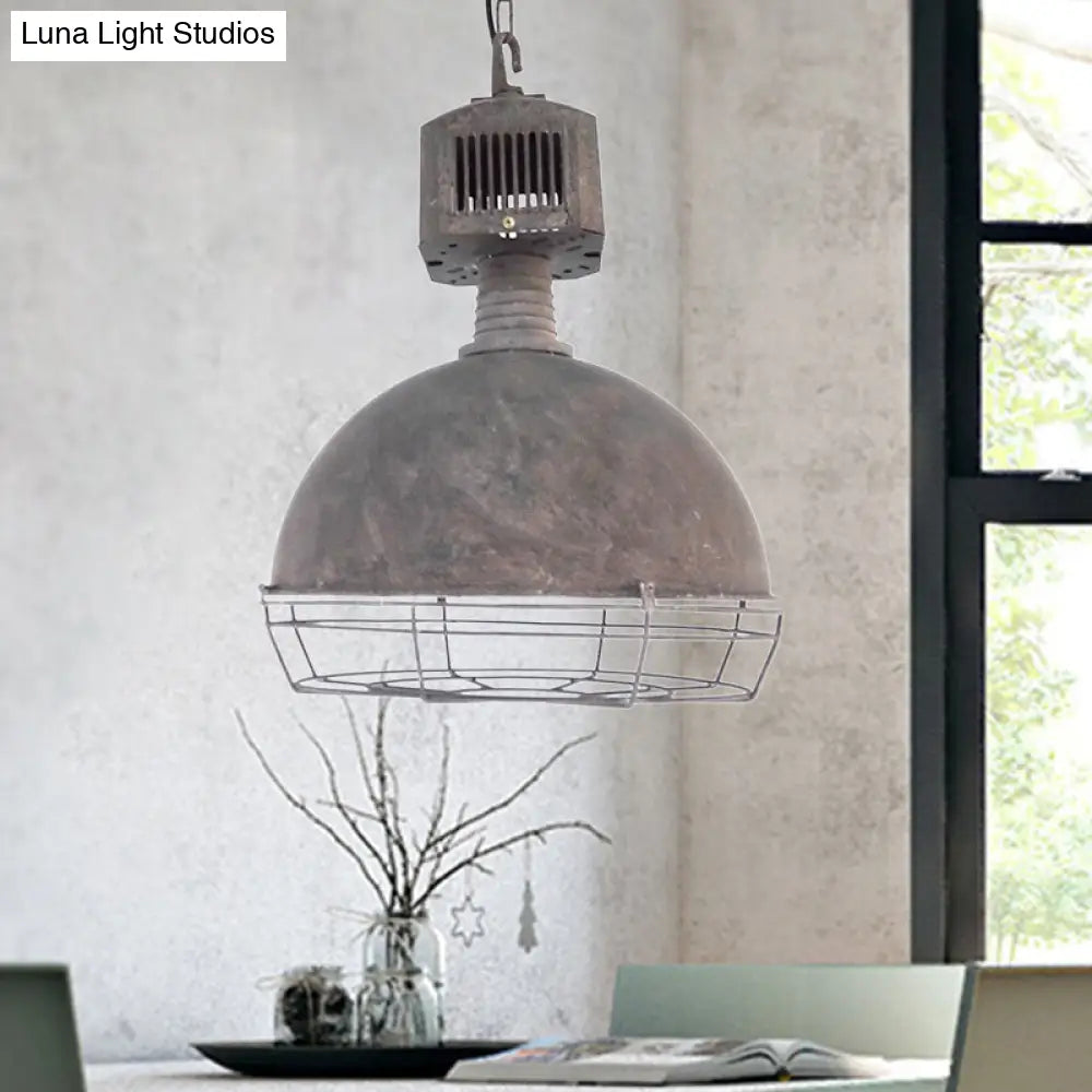 Rustic 1-Light Wrought Iron Dome Suspension Pendant With Wire Guard In Grey