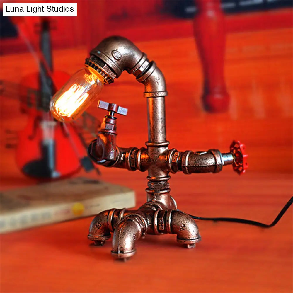 Rustic Wrought Iron Pipe Table Lamp With Open Bulb For Farmhouse Bedroom Lighting