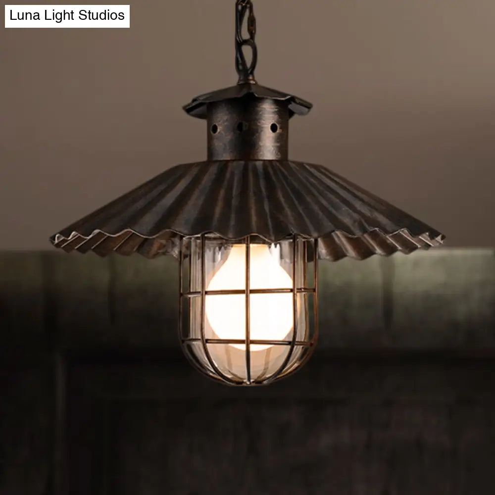 Rustic Wrought Iron Scalloped-Edged Hanging Lamp With Cage - 1 Head Pendant Light For Restaurants