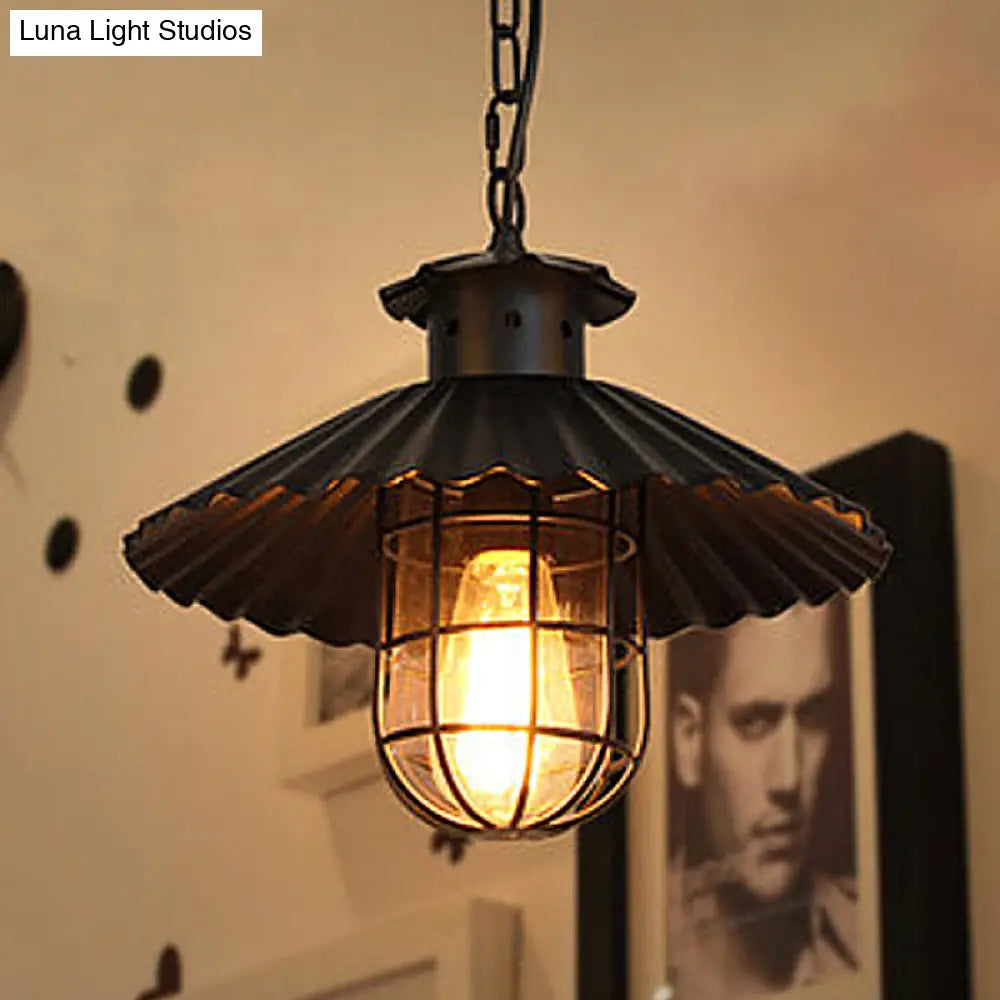 Rustic Wrought Iron Scalloped-Edged Hanging Lamp With Cage - 1 Head Pendant Light For Restaurants