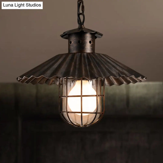 Rustic Wrought Iron Scalloped Hanging Lamp With Cage - 1 Head Pendant Light For Restaurant Ceilings