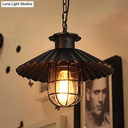 Rustic Wrought Iron Scalloped Hanging Lamp With Cage - 1 Head Pendant Light For Restaurant Ceilings