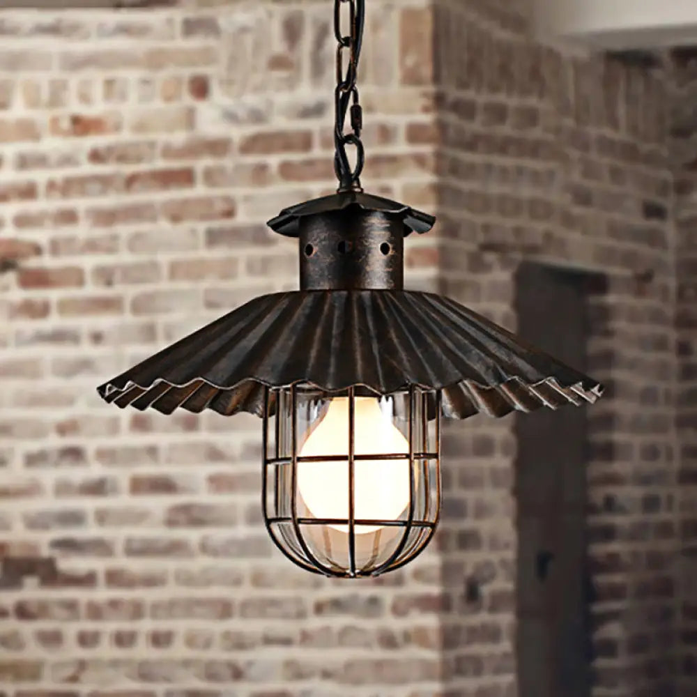 Rustic Wrought Iron Scalloped-Edged Hanging Lamp With Cage - 1 Head Pendant Light For Restaurants